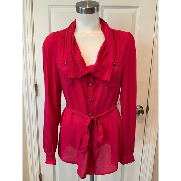 Odille Anthropologie Dark Pink Belted Button Up Shirt W/Roll Tab Sleeve, Size 2 - Picture 1 of 9